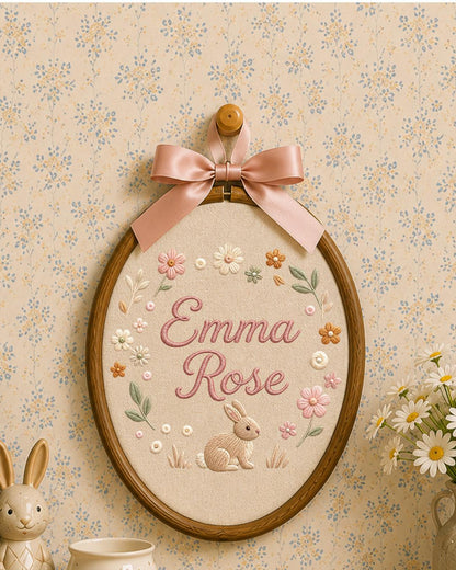 Personalized Embroidered Bunny Ornament, Custom Baby Name Hoop, Floral Nursery Wall Decor, Baby Girl Gift, Newborn Keepsake