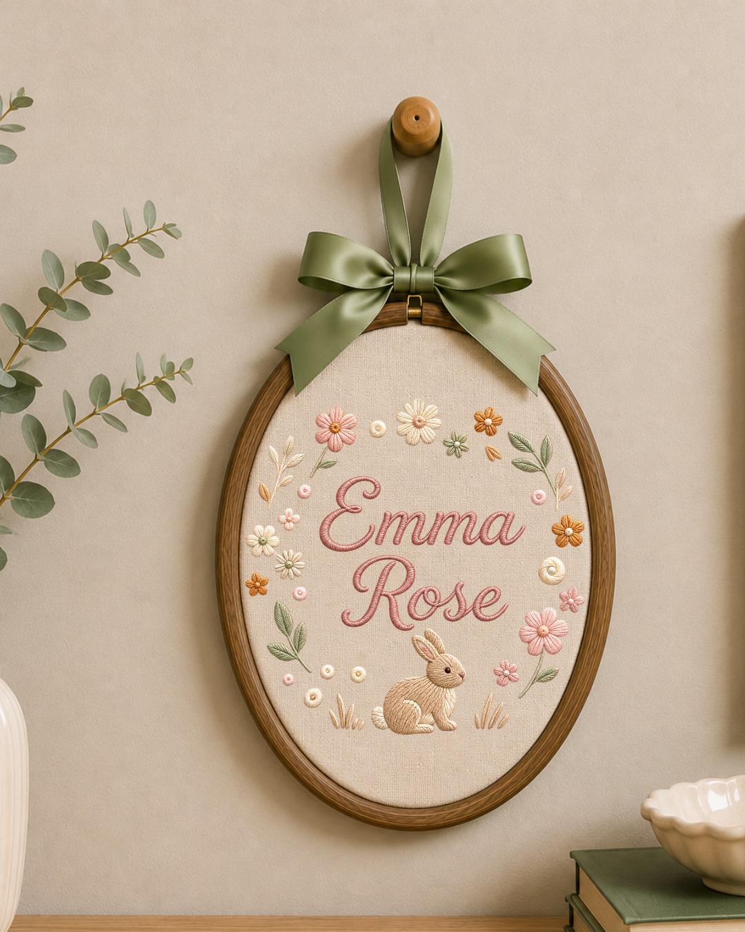 Personalized Embroidered Bunny Ornament, Custom Baby Name Hoop, Floral Nursery Wall Decor, Baby Girl Gift, Newborn Keepsake