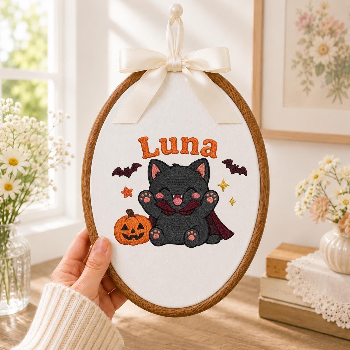 Personalized Spooky Cat Pumpkin Embroidery Hoop Art, Halloween Nursery Decor, Custom Name Sign