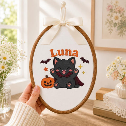 Personalized Spooky Cat Pumpkin Embroidery Hoop Art, Halloween Nursery Decor, Custom Name Sign