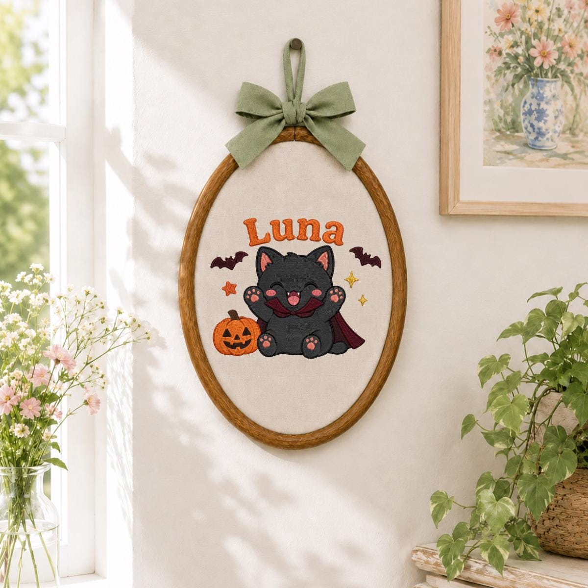 Personalized Spooky Cat Pumpkin Embroidery Hoop Art, Halloween Nursery Decor, Custom Name Sign