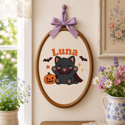 Personalized Spooky Cat Pumpkin Embroidery Hoop Art, Halloween Nursery Decor, Custom Name Sign
