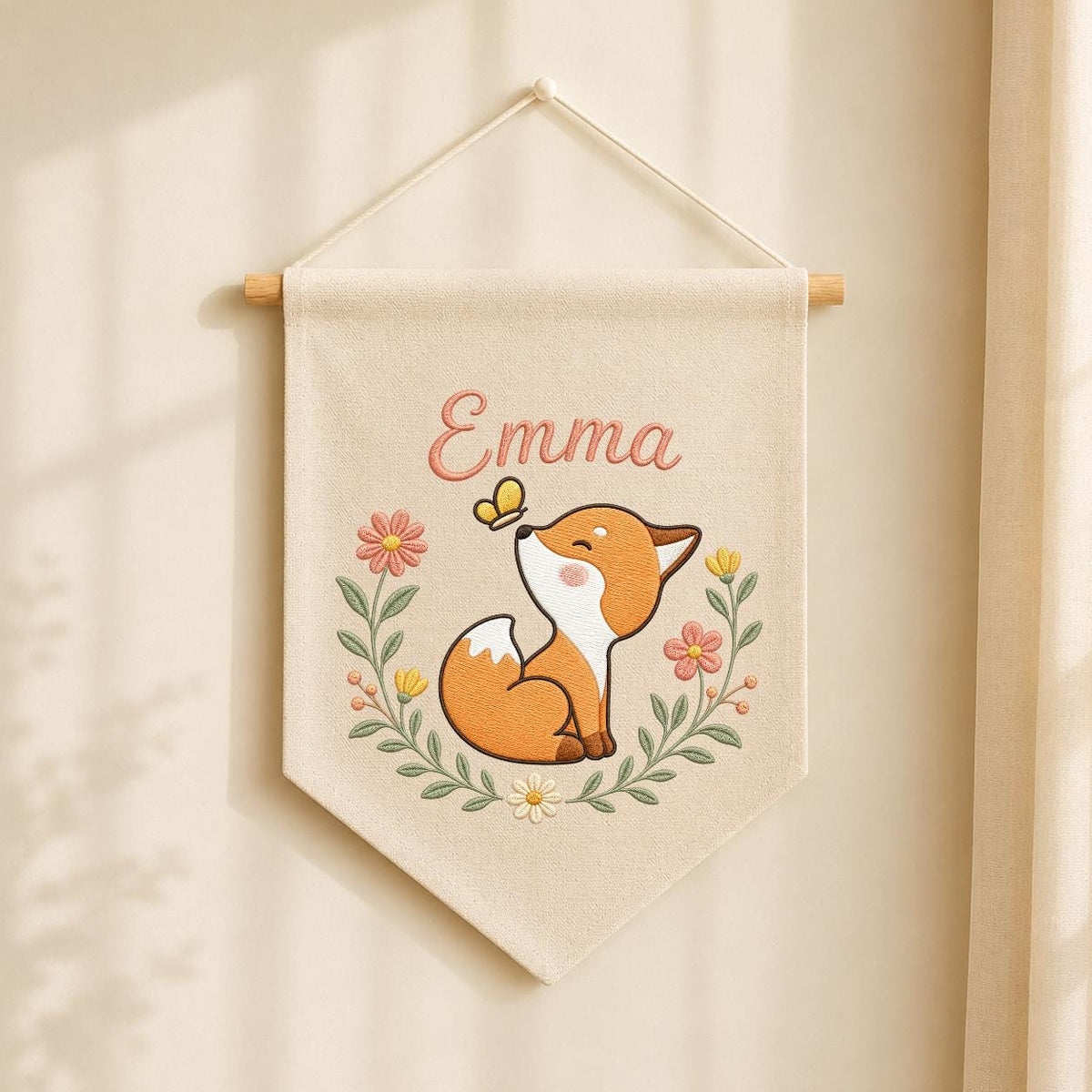Personalized Fox Nursery Banner, Embroidered Name Wall Decor, Linen Woodland Art