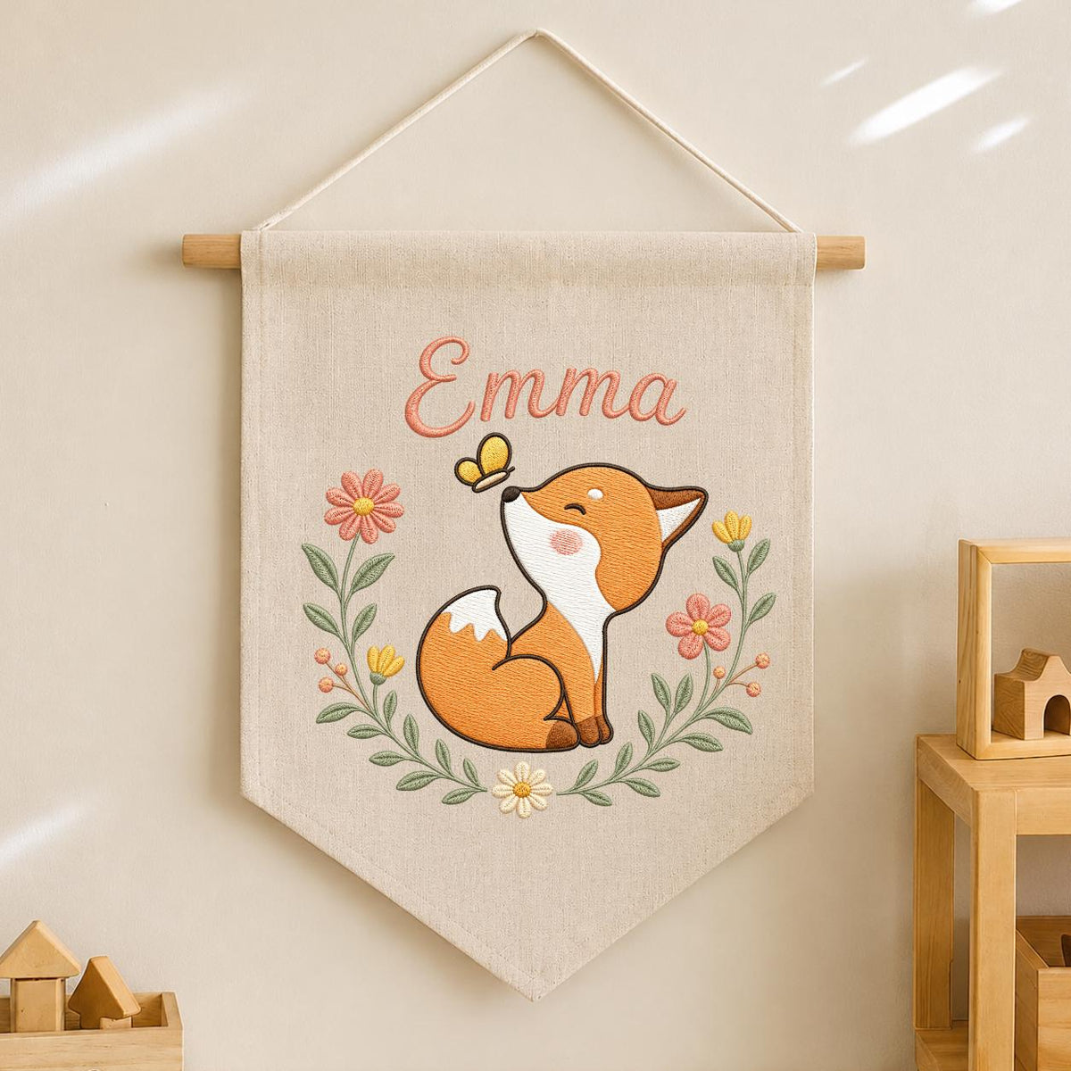 Personalized Fox Nursery Banner, Embroidered Name Wall Decor, Linen Woodland Art
