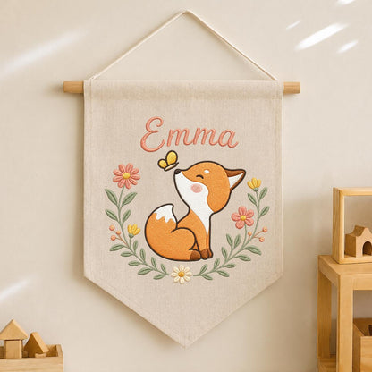 Personalized Fox Nursery Banner, Embroidered Name Wall Decor, Linen Woodland Art
