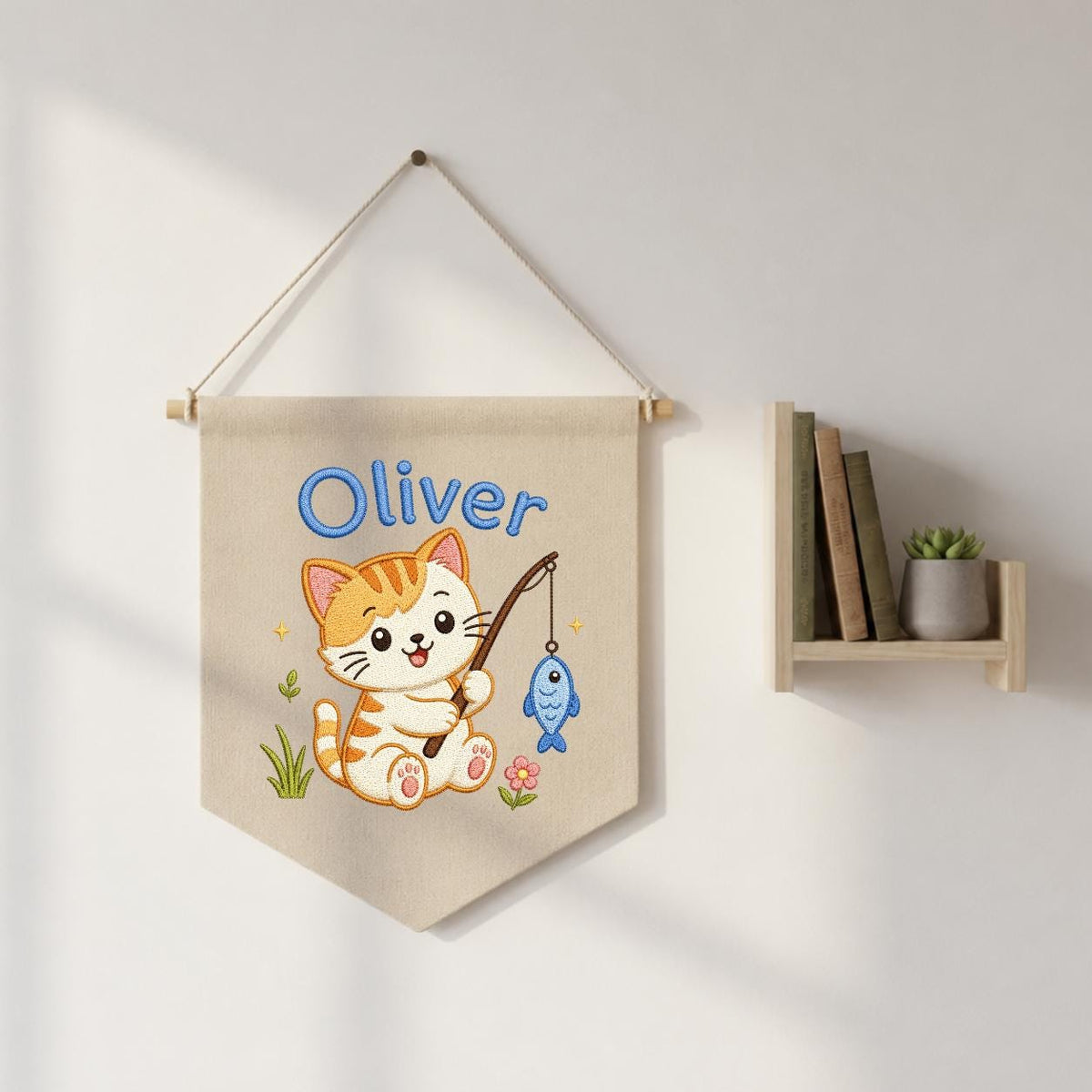 Embroidered Kitten Fishing Banner, Personalized Name Nursery Decor, Linen Wall Hanging
