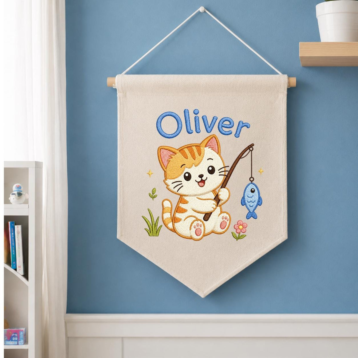 Embroidered Kitten Fishing Banner, Personalized Name Nursery Decor, Linen Wall Hanging