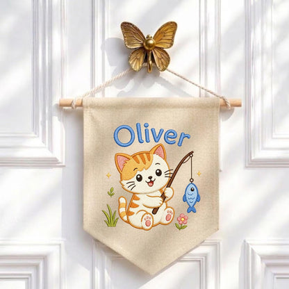 Embroidered Kitten Fishing Banner, Personalized Name Nursery Decor, Linen Wall Hanging