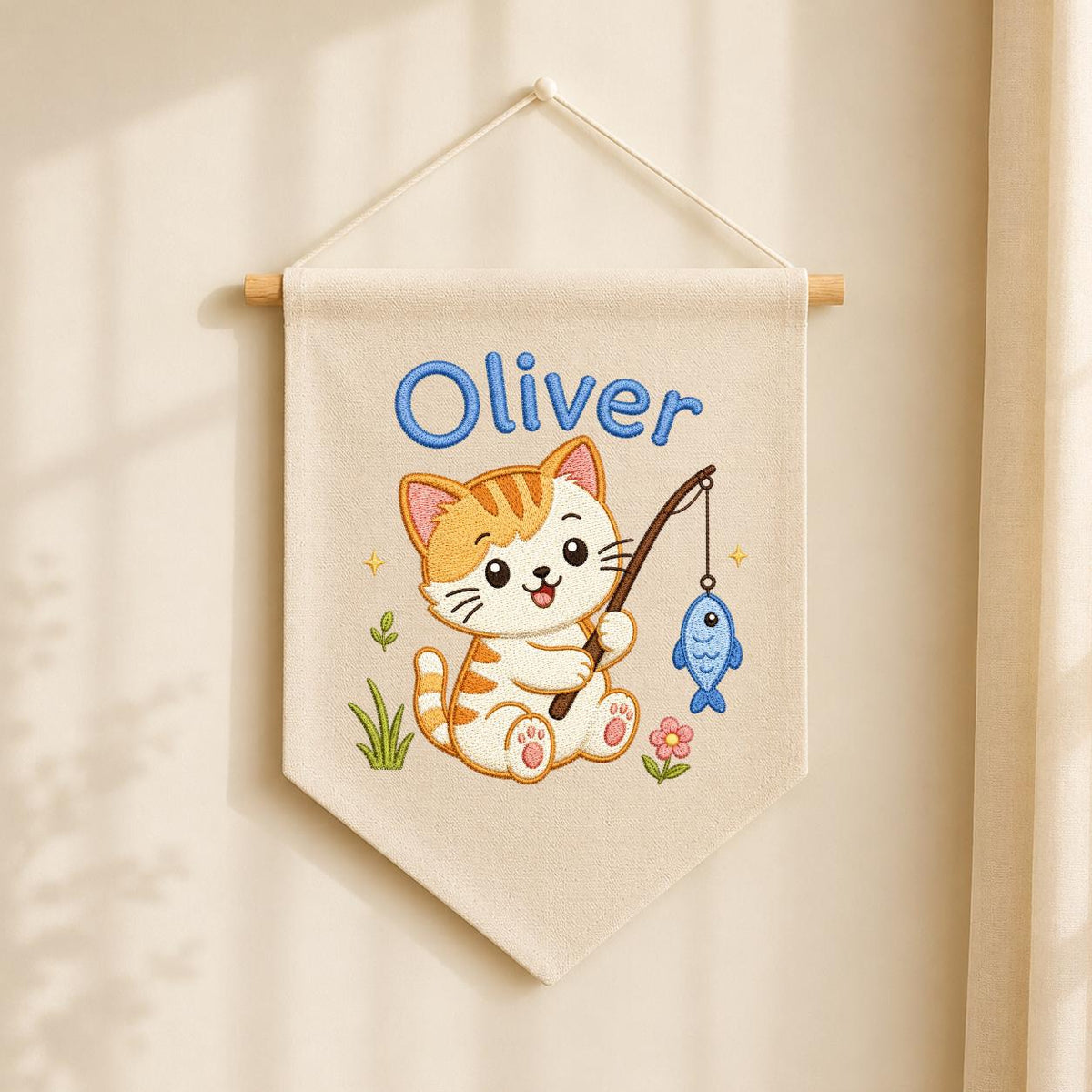 Embroidered Kitten Fishing Banner, Personalized Name Nursery Decor, Linen Wall Hanging