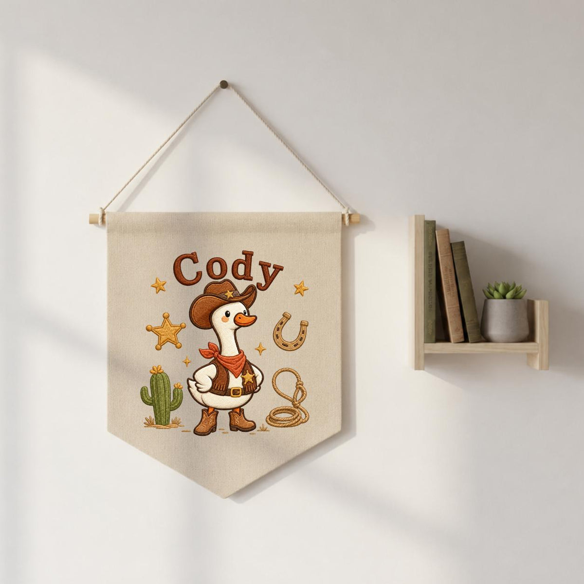 Personalized Cowboy Goose Canvas Wall Hanging, Embroidered Western Nursery Decor