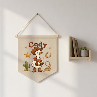 Personalized Cowboy Goose Canvas Wall Hanging, Embroidered Western Nursery Decor