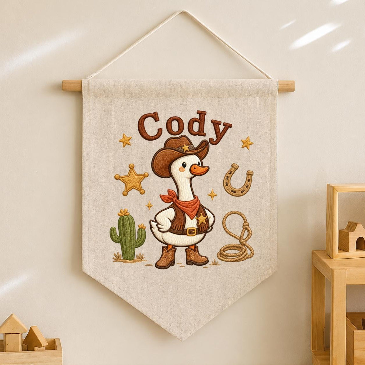 Personalized Cowboy Goose Canvas Wall Hanging, Embroidered Western Nursery Decor
