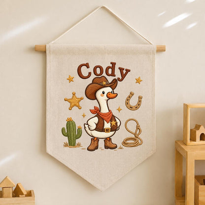 Personalized Cowboy Goose Canvas Wall Hanging, Embroidered Western Nursery Decor