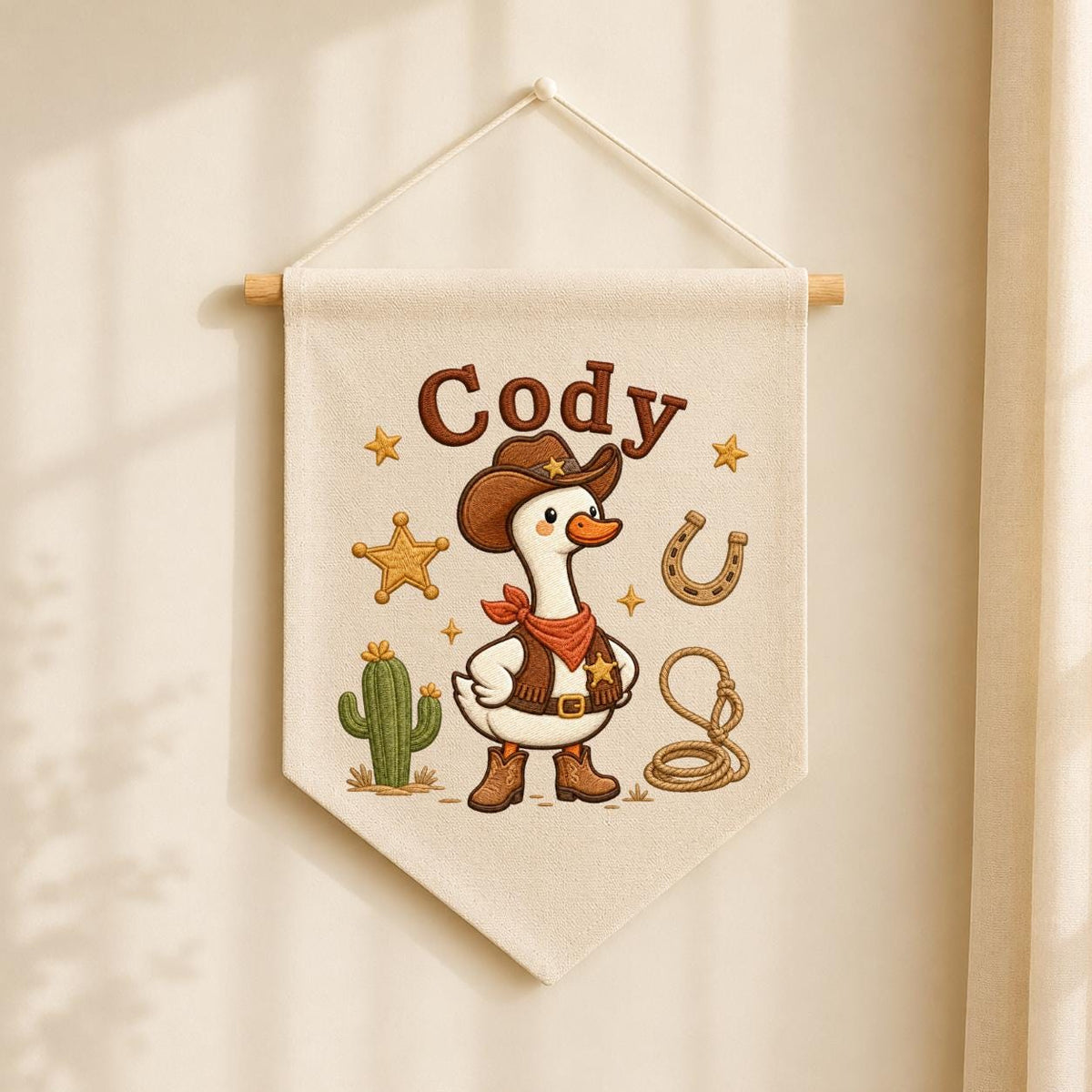 Personalized Cowboy Goose Canvas Wall Hanging, Embroidered Western Nursery Decor