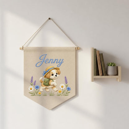 Personalized Puppy Dog Embroidered Pennant Banner, Adventure Nursery Wall Decor