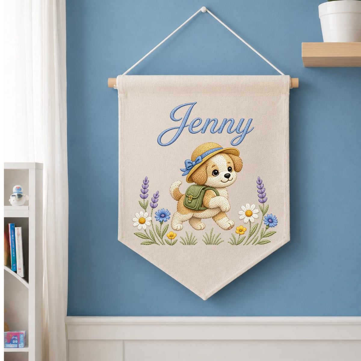 Personalized Puppy Dog Embroidered Pennant Banner, Adventure Nursery Wall Decor