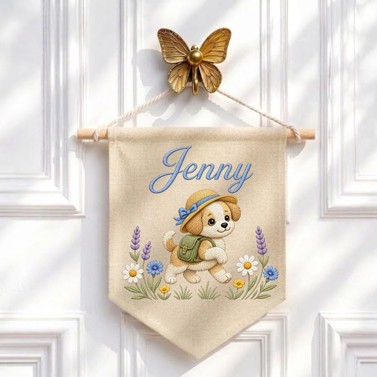 Personalized Puppy Dog Embroidered Pennant Banner, Adventure Nursery Wall Decor