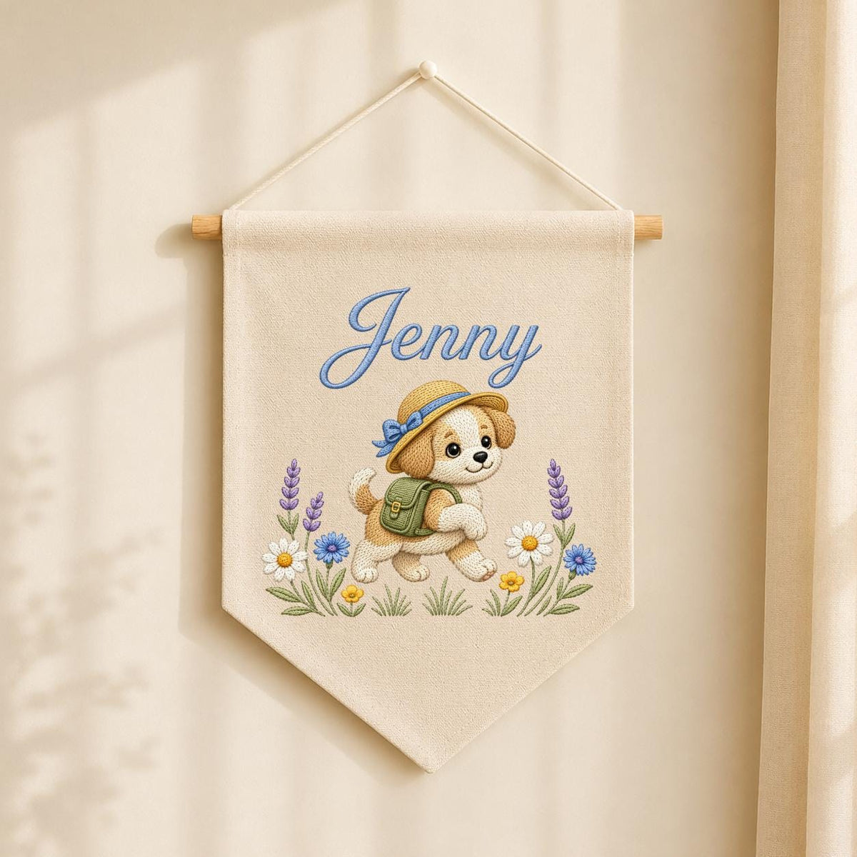 Personalized Puppy Dog Embroidered Pennant Banner, Adventure Nursery Wall Decor