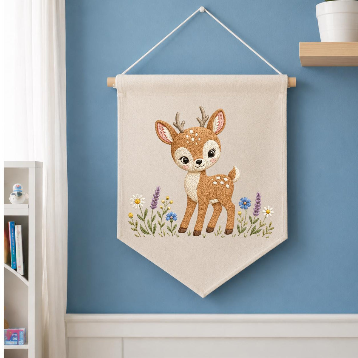 Embroidered Woodland Deer Wall Banner, Forest Nursery Decor, Custom Name Fabric Hanging