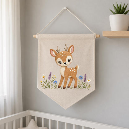 Embroidered Woodland Deer Wall Banner, Forest Nursery Decor, Custom Name Fabric Hanging
