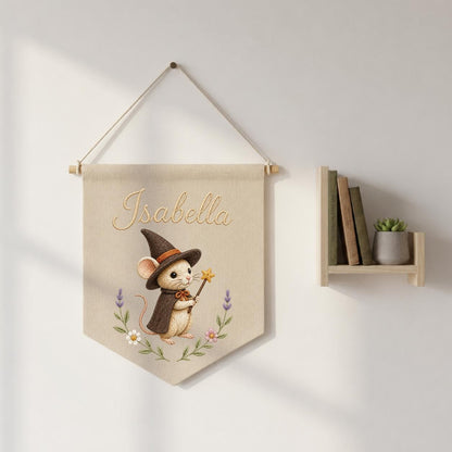 Personalized Witch Mouse Embroidered Banner, Whimsical Nursery Wall Decor