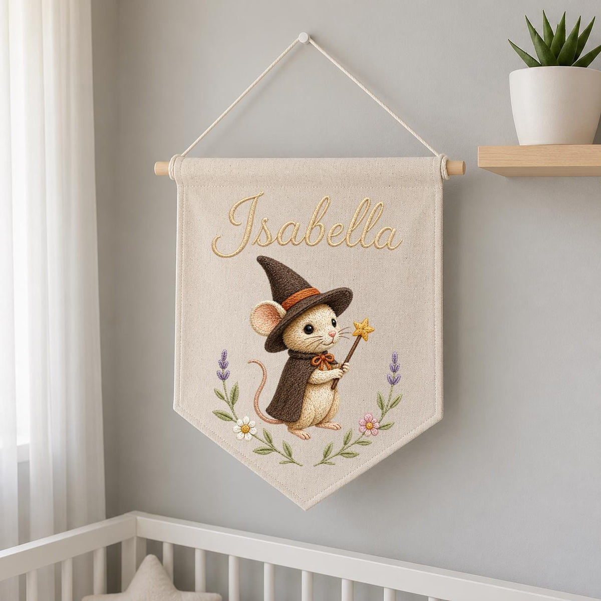 Personalized Witch Mouse Embroidered Banner, Whimsical Nursery Wall Decor