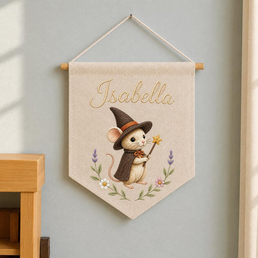 Personalized Witch Mouse Embroidered Banner, Whimsical Nursery Wall Decor