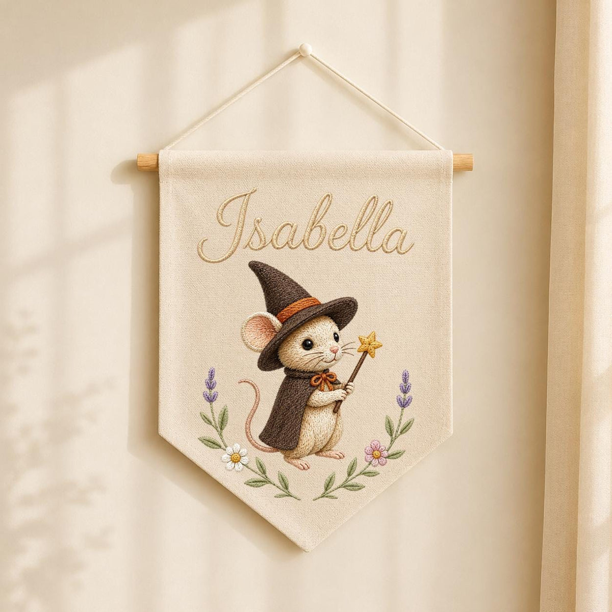 Personalized Witch Mouse Embroidered Banner, Whimsical Nursery Wall Decor