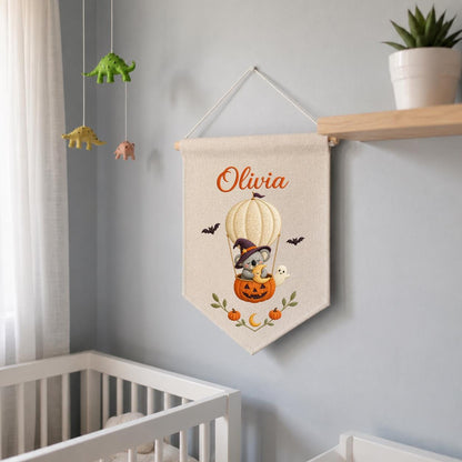 Personalized Koala Witch Halloween Banner, Embroidered Name Wall Hanging, Pumpkin Nursery Decor