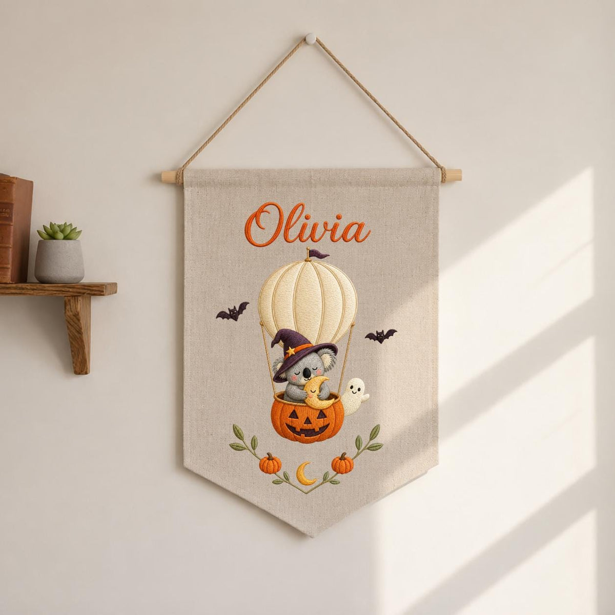 Personalized Koala Witch Halloween Banner, Embroidered Name Wall Hanging, Pumpkin Nursery Decor
