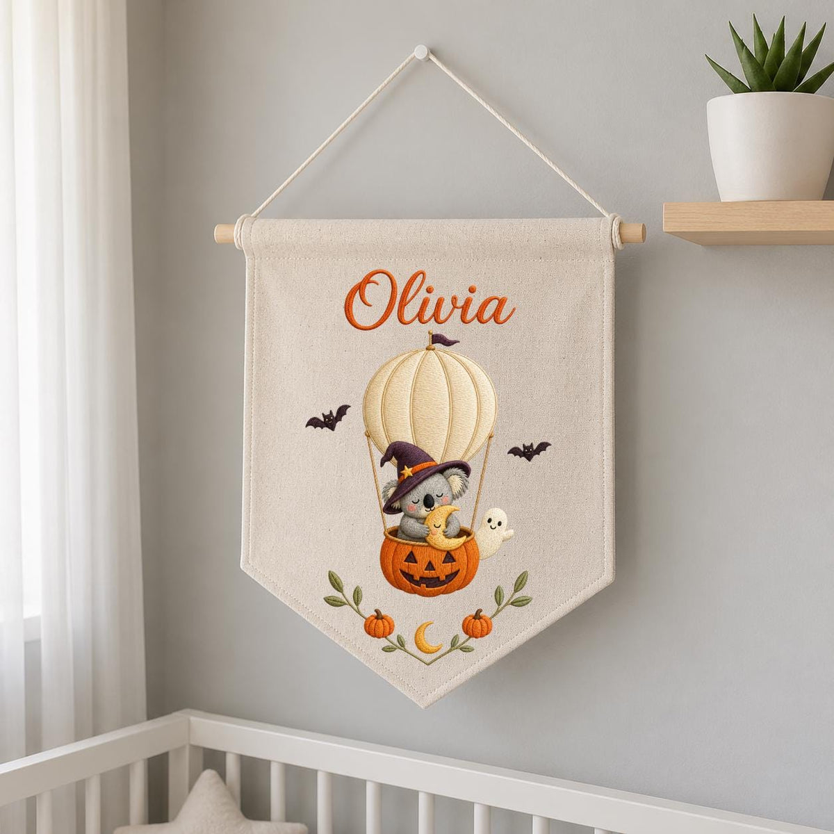 Personalized Koala Witch Halloween Banner, Embroidered Name Wall Hanging, Pumpkin Nursery Decor
