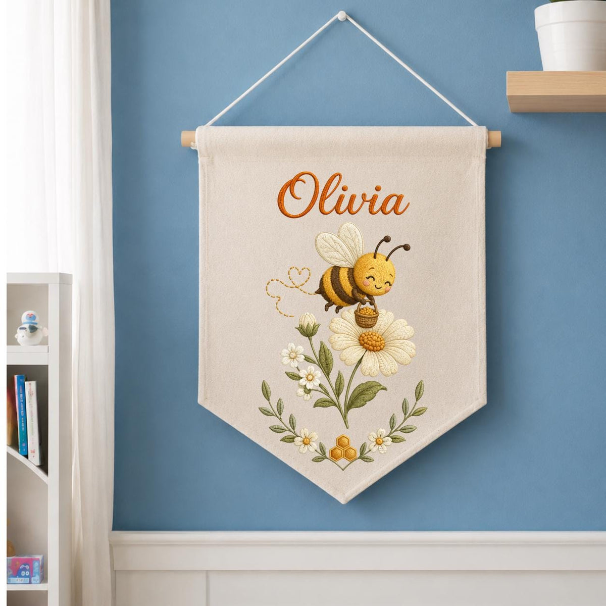 Personalized Embroidered Bumble Bee Banner, Custom Name Fabric Wall Hanging, Daisy Nursery Sign