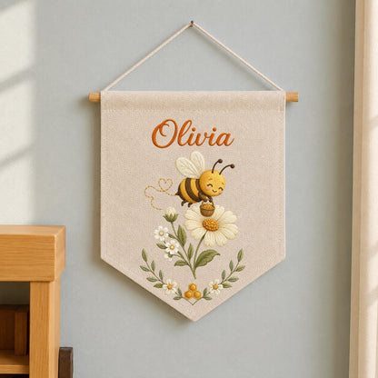 Personalized Embroidered Bumble Bee Banner, Custom Name Fabric Wall Hanging, Daisy Nursery Sign