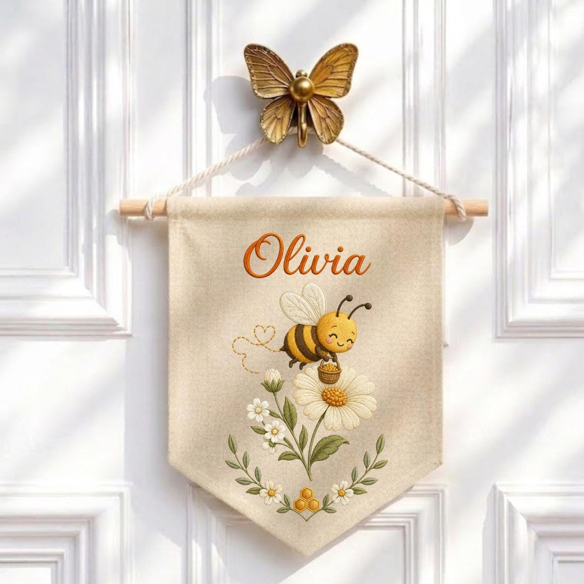 Personalized Embroidered Bumble Bee Banner, Custom Name Fabric Wall Hanging, Daisy Nursery Sign