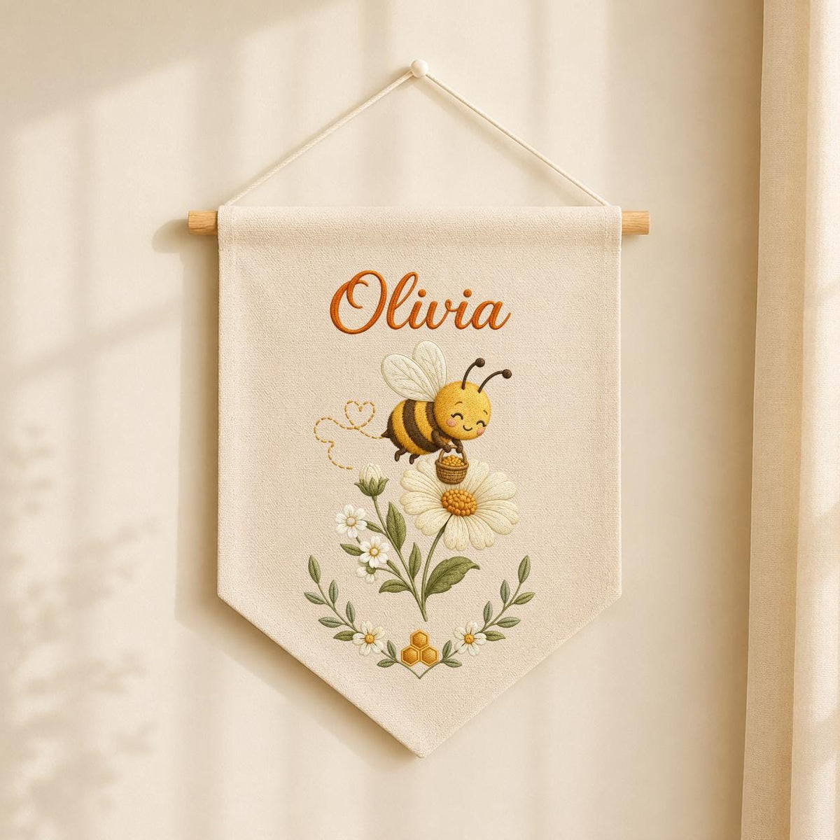 Personalized Embroidered Bumble Bee Banner, Custom Name Fabric Wall Hanging, Daisy Nursery Sign