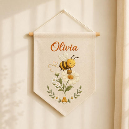 Personalized Embroidered Bumble Bee Banner, Custom Name Fabric Wall Hanging, Daisy Nursery Sign