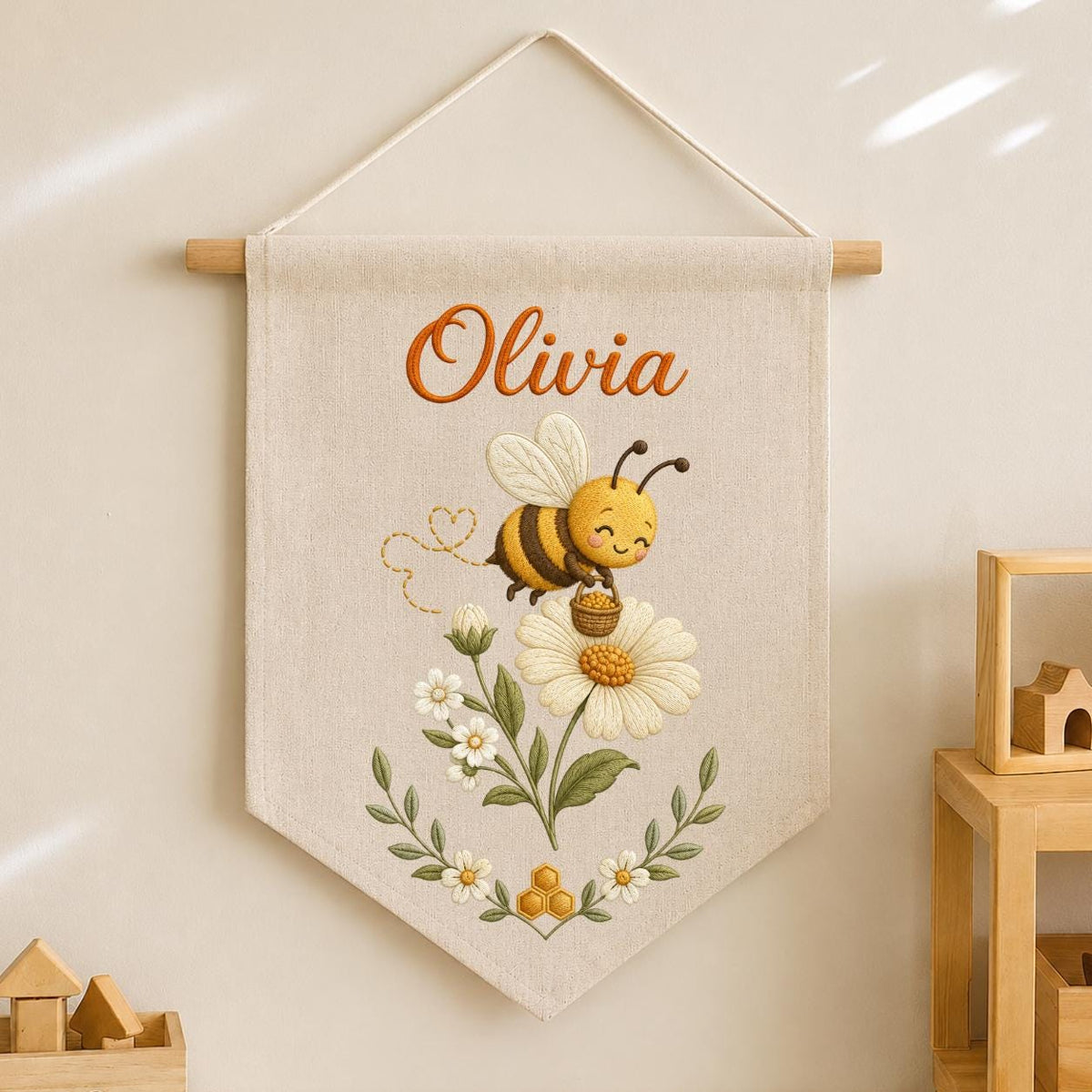 Personalized Embroidered Bumble Bee Banner, Custom Name Fabric Wall Hanging, Daisy Nursery Sign