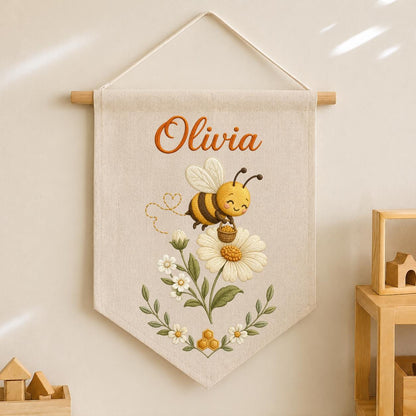 Personalized Embroidered Bumble Bee Banner, Custom Name Fabric Wall Hanging, Daisy Nursery Sign