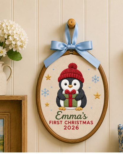 Personalized Embroidered First Christmas Ornament, Custom Baby Name Penguin Hoop, Baby’s First Christmas 2026 Keepsake, Holiday Decor