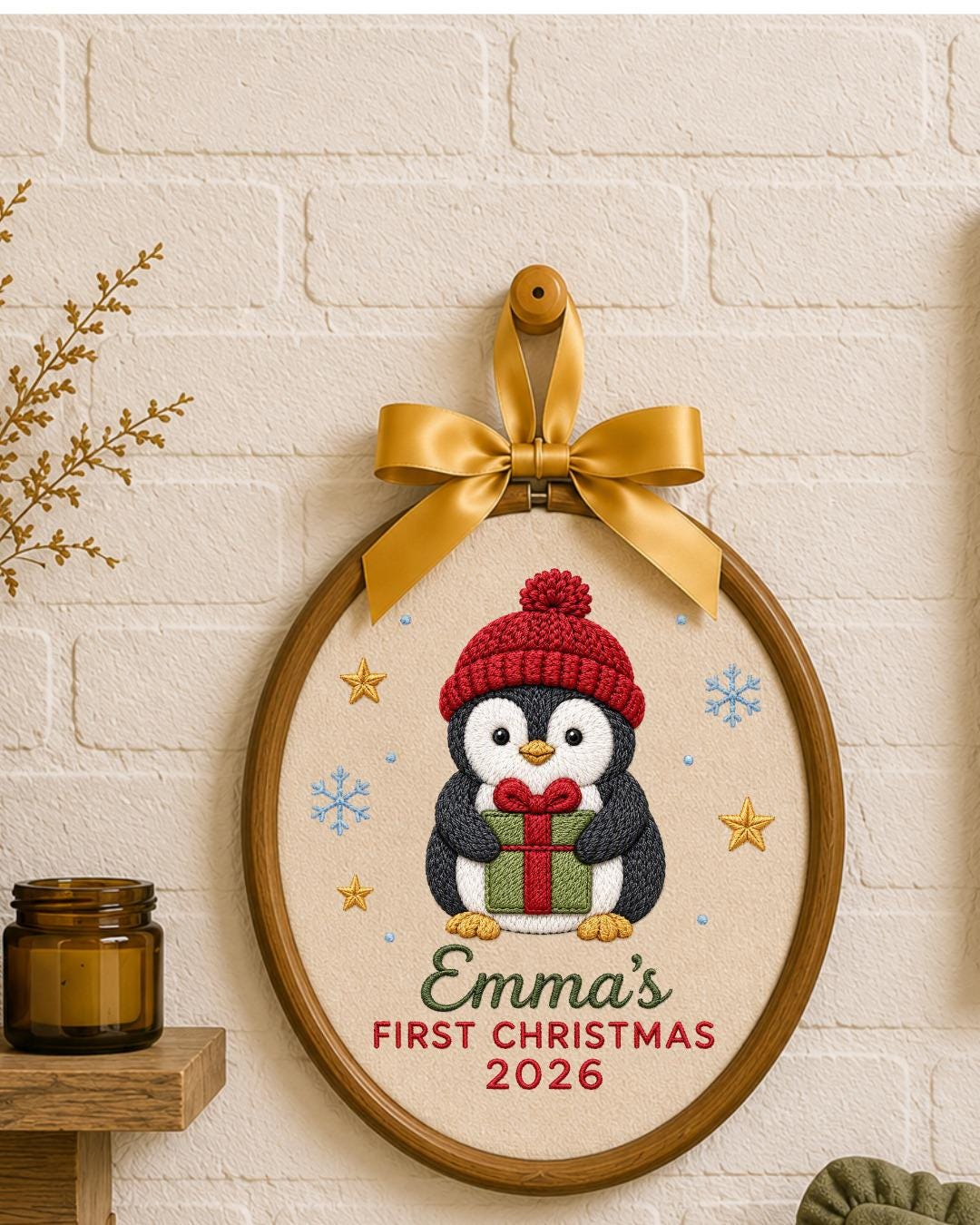 Personalized Embroidered First Christmas Ornament, Custom Baby Name Penguin Hoop, Baby’s First Christmas 2026 Keepsake, Holiday Decor