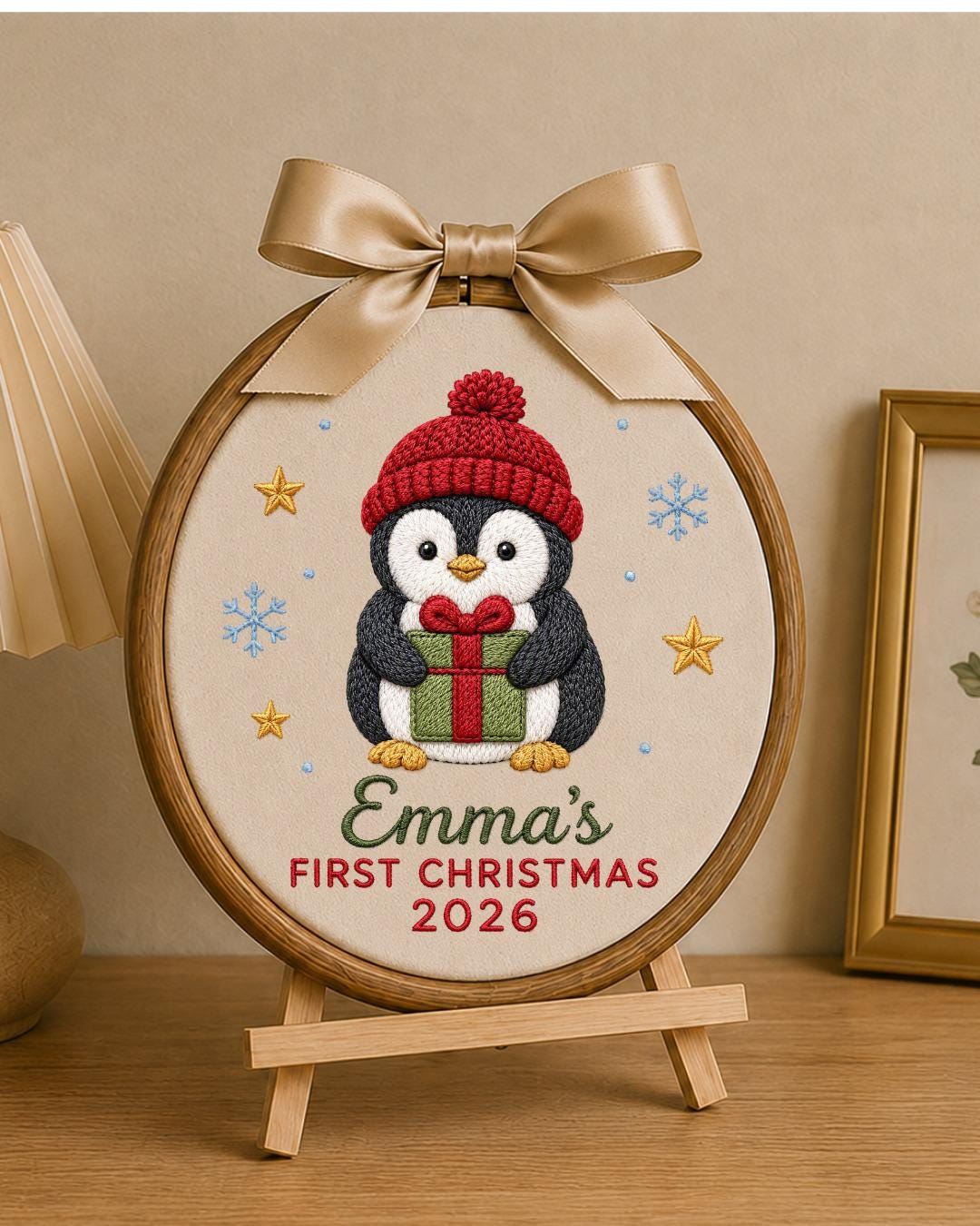 Personalized Embroidered First Christmas Ornament, Custom Baby Name Penguin Hoop, Baby’s First Christmas 2026 Keepsake, Holiday Decor