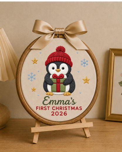 Personalized Embroidered First Christmas Ornament, Custom Baby Name Penguin Hoop, Baby’s First Christmas 2026 Keepsake, Holiday Decor
