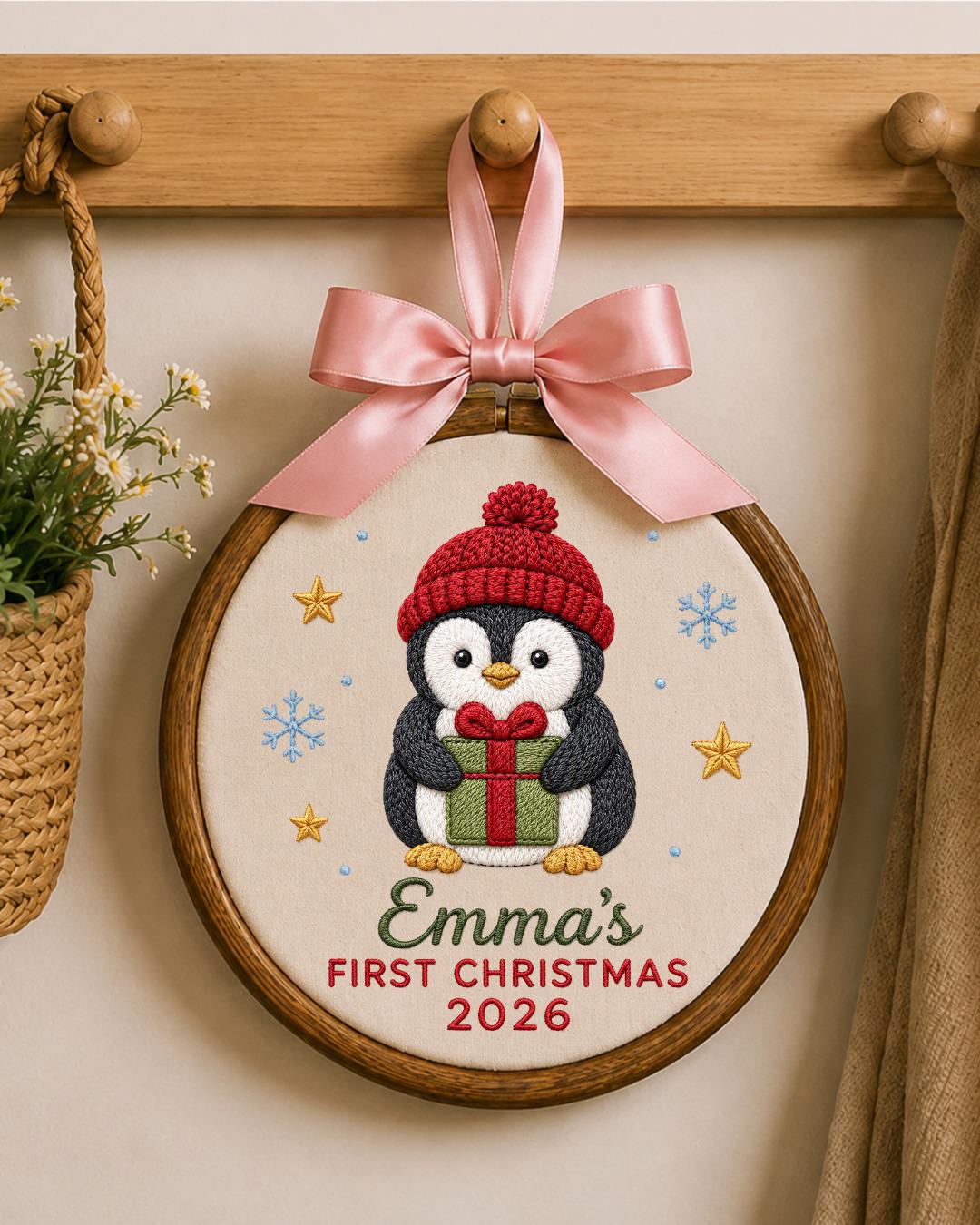 Personalized Embroidered First Christmas Ornament, Custom Baby Name Penguin Hoop, Baby’s First Christmas 2026 Keepsake, Holiday Decor