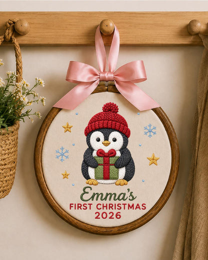 Personalized Embroidered First Christmas Ornament, Custom Baby Name Penguin Hoop, Baby’s First Christmas 2026 Keepsake, Holiday Decor
