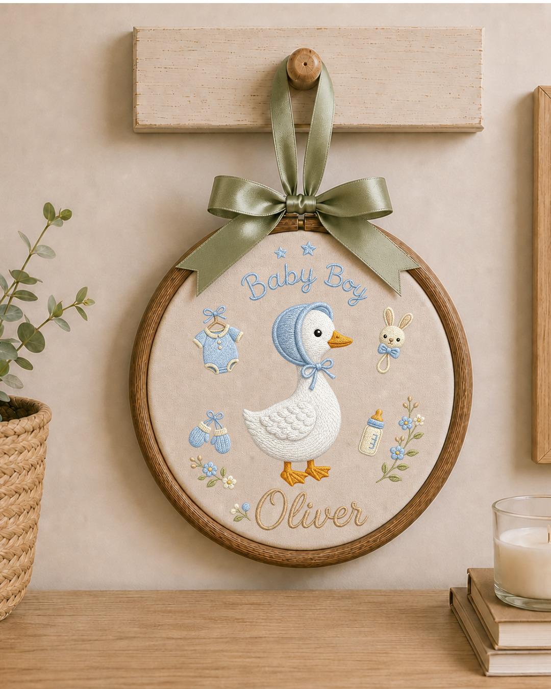 Personalized Embroidered Goose Ornament, Custom Baby Boy Name Hoop, Baby Shower Gift, Blue Nursery Wall Decor, Newborn Keepsake