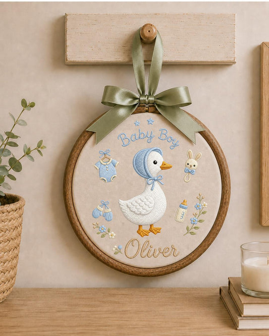 Personalized Embroidered Goose Ornament, Custom Baby Boy Name Hoop, Baby Shower Gift, Blue Nursery Wall Decor, Newborn Keepsake
