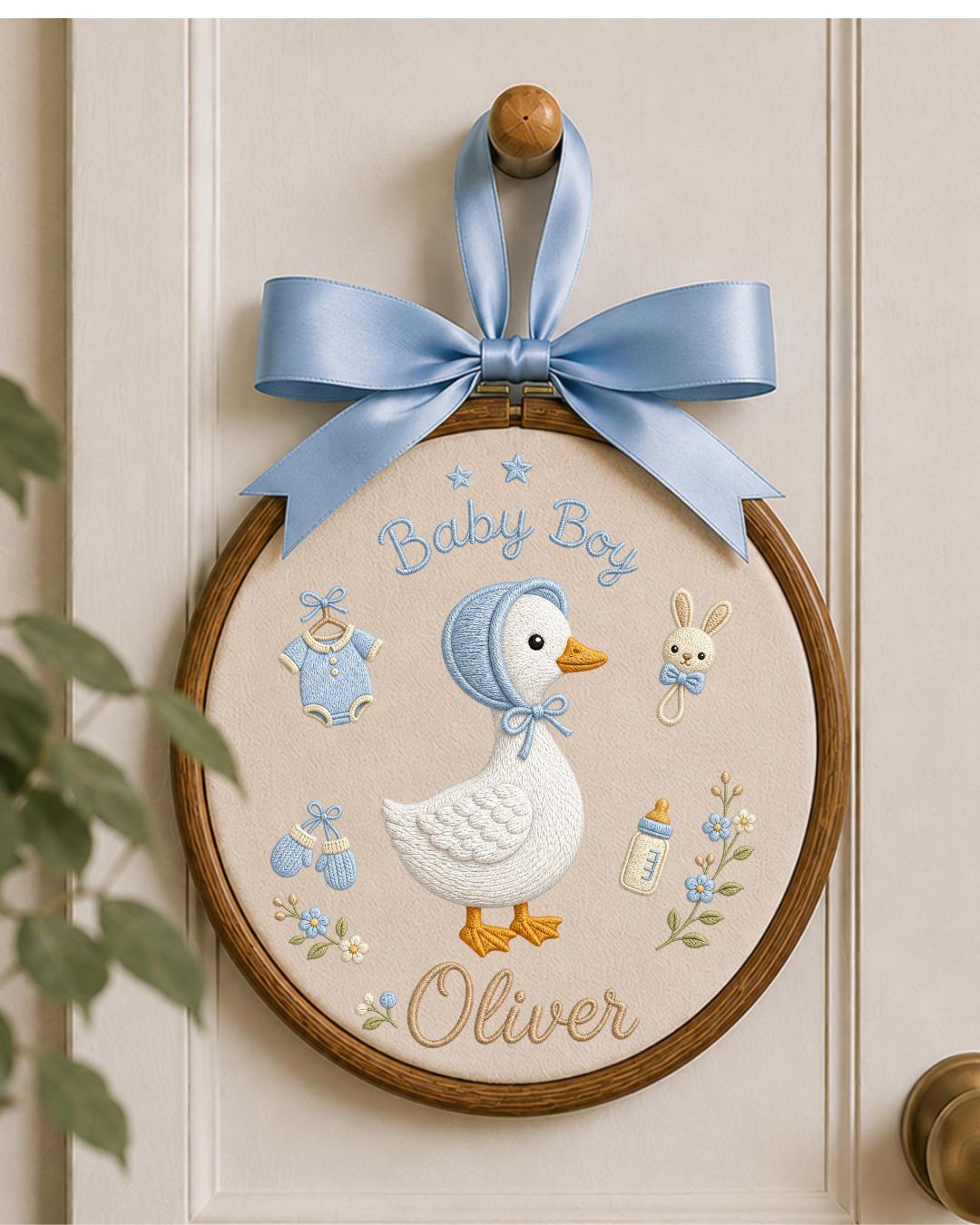 Personalized Embroidered Goose Ornament, Custom Baby Boy Name Hoop, Baby Shower Gift, Blue Nursery Wall Decor, Newborn Keepsake