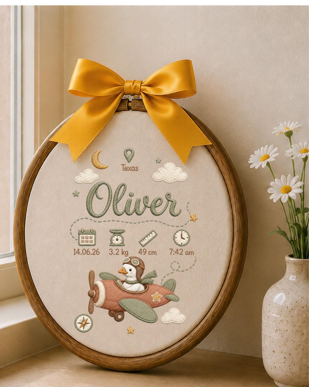 Personalized Embroidered Birth Stats Ornament, Custom Baby Name Goose Airplane Hoop, Adventure Nursery Decor, Newborn Keepsake Gift