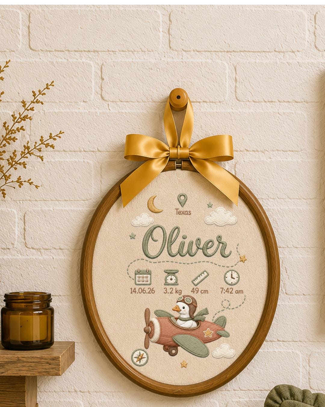 Personalized Embroidered Birth Stats Ornament, Custom Baby Name Goose Airplane Hoop, Adventure Nursery Decor, Newborn Keepsake Gift