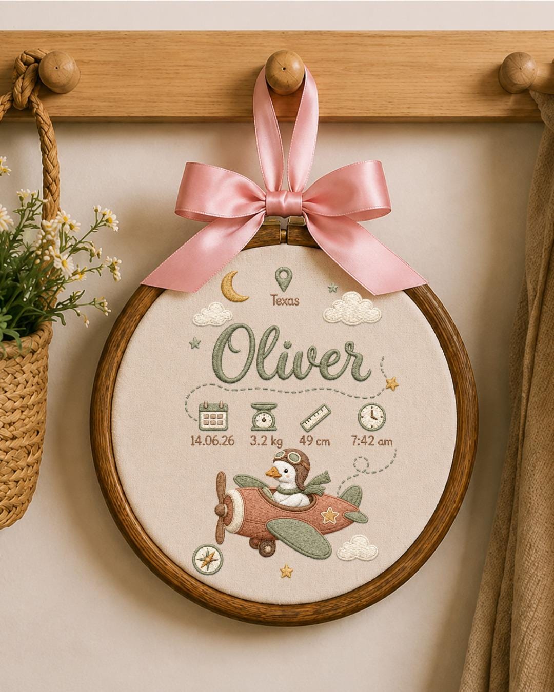 Personalized Embroidered Birth Stats Ornament, Custom Baby Name Goose Airplane Hoop, Adventure Nursery Decor, Newborn Keepsake Gift